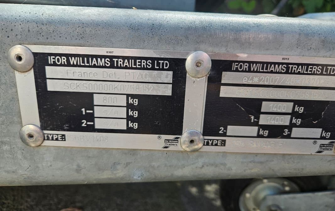 Remorque IFOR WILLIAMS BV140G – Très bon état – PTAC 800 kg (modifiable jusqu'à 1400 kg)